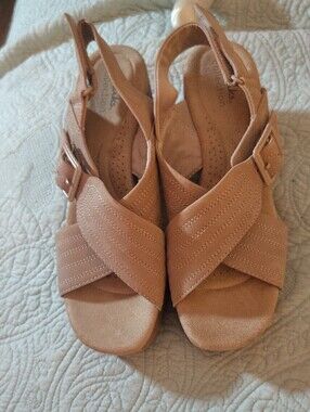 Clarks Tan Suede Crisscross Wedge Sandals